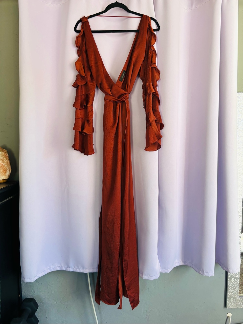 Rust ruffle duster robe wrap dress